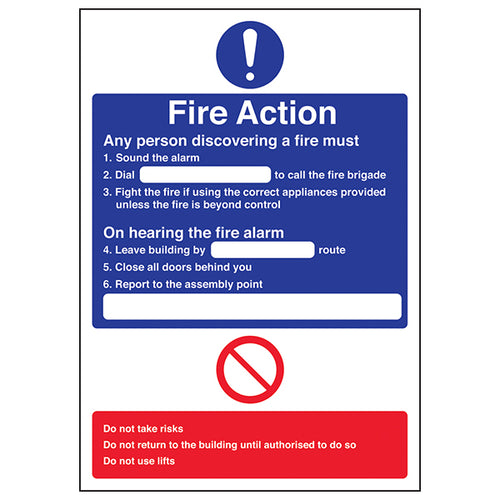 A4 Fire Action Safety Sign Base Improves Response For Staff