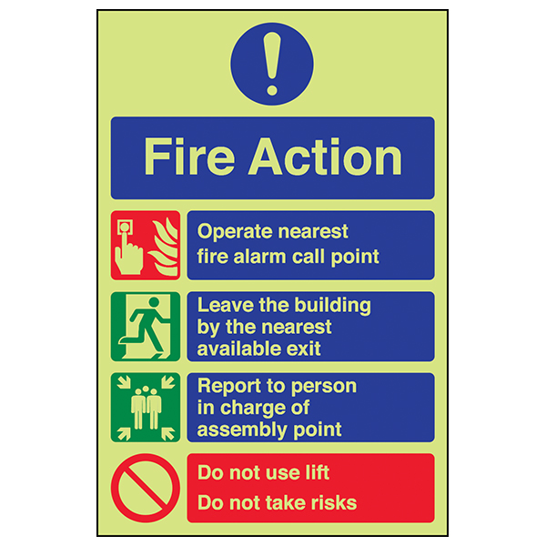 GITD Fire Action Safety Sign Photoluminescent For Workplaces