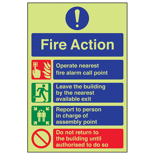 GITD Fire Action Safety Sign Photoluminescent For Buildings