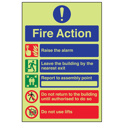 Glow In Dark Fire Action Safety Sign For Building Staff