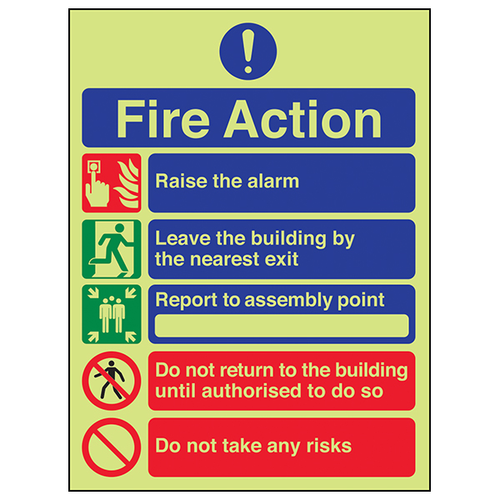 GITD Fire Action Safety Sign Photoluminescent For Workplace