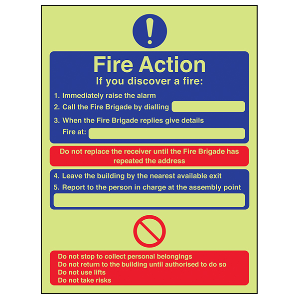GITD Fire Action Safety Sign Photoluminescent For Workplace