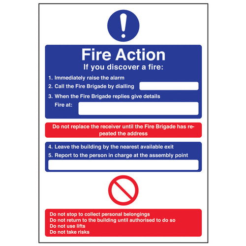 Fire Action Safety Sign Clear Instructions For Staff