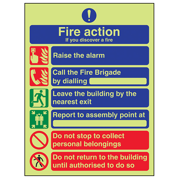 GITD Photoluminescent Fire Action Safety Sign For Workplace