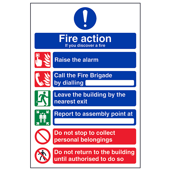 Fire Action Safety Sign Clear Instructions For Staff