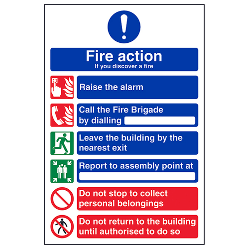 Fire Action Safety Sign Clear Instructions For Staff