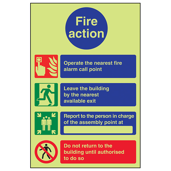 GITD Fire Action Safety Sign Photoluminescent For Workplace