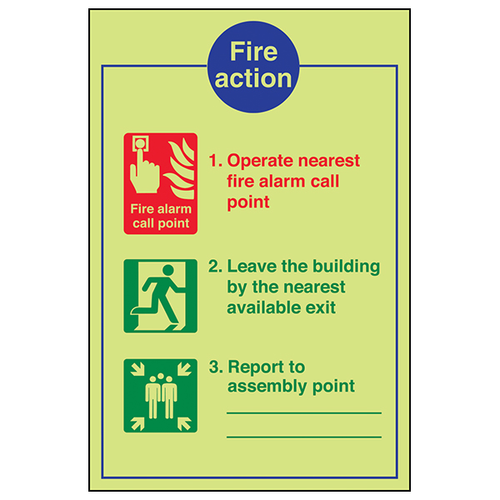 GITD Fire Action Safety Sign Photoluminescent For Workplaces