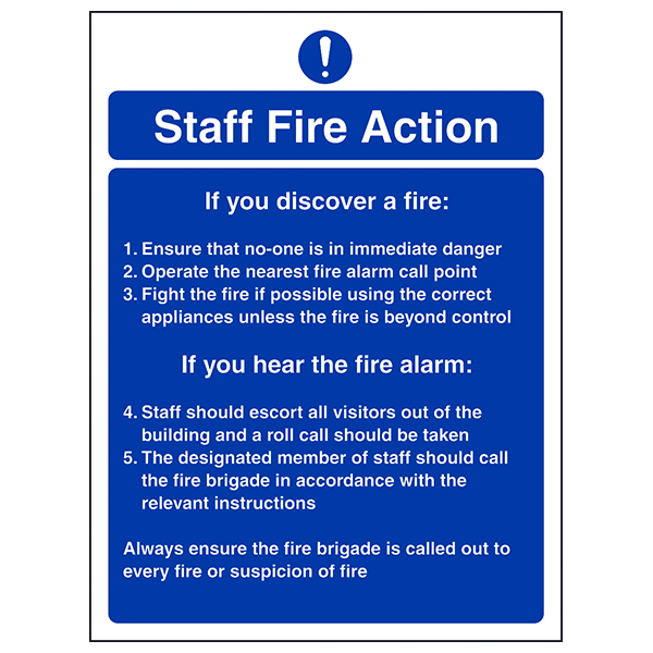 Fire Instructions Safety Sign Clear Staff Guide BS5499