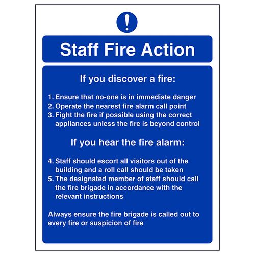 Fire Instructions Safety Sign Clear Staff Guide BS5499