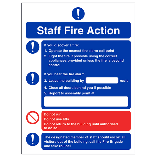 Fire Action Safety Sign Essential Staff Instructions