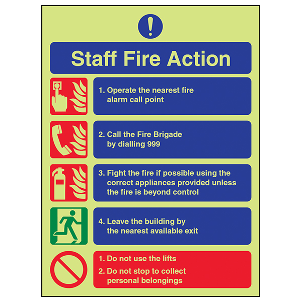 GITD Fire Action Safety Sign Photoluminescent For Staff