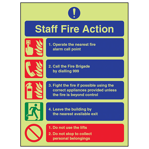 GITD Fire Action Safety Sign Photoluminescent For Staff