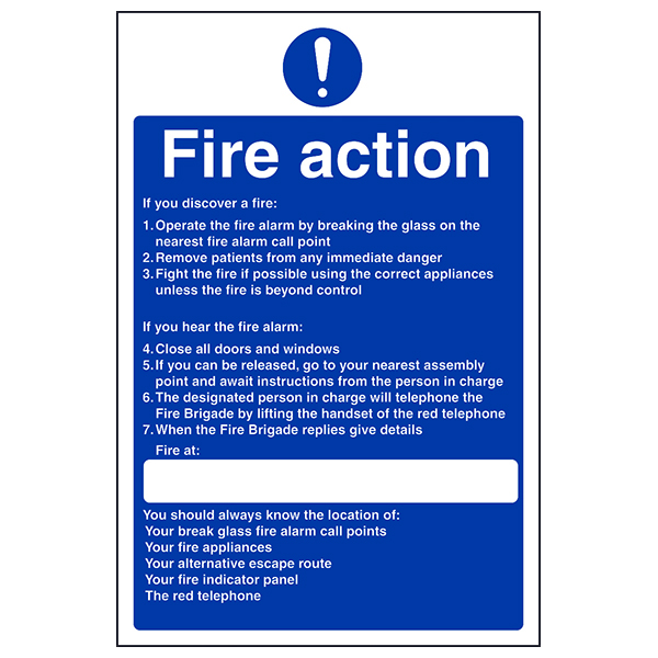 Nursing Fire Action Safety Sign Compliant For Hospitals