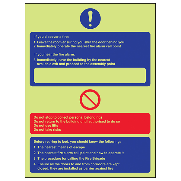 GITD Photoluminescent Fire Action Safety Sign Office