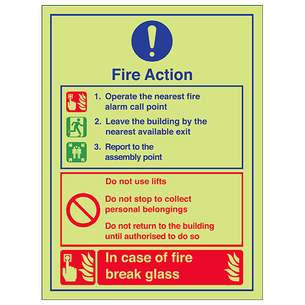 GITD Fire Action Safety Sign Glow In Dark For Workplaces