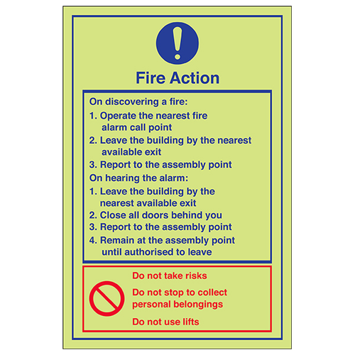 GITD Fire Action Safety Sign Glow In The Dark For Workplace
