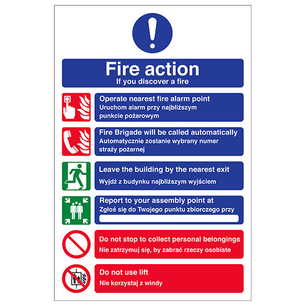English Polish Fire Action Durable Safety Sign For Staff