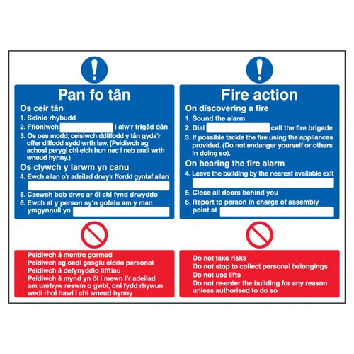 Fire Action Safety Sign Bilingual Welsh English Workplace