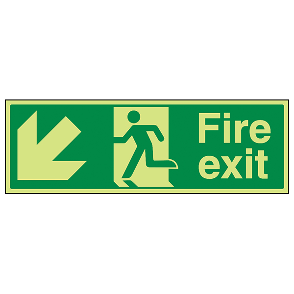 GITD Fire Exit Arrow Down Left Glow Safety Sign For Staff