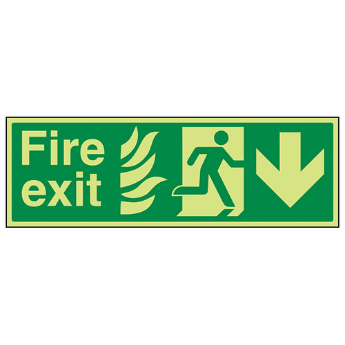 GITD NHS Fire Exit Arrow Down Photoluminescent Safety Sign