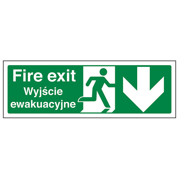 Fire Exit Arrow Down Safety Sign Bilingual For Workplace