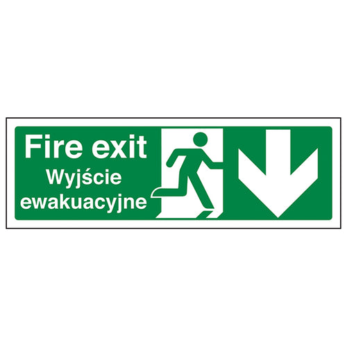 Fire Exit Arrow Down Safety Sign Bilingual For Workplace
