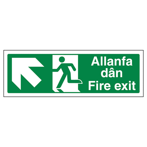 Fire Exit Arrow Up Left Safety Sign Welsh English Premises