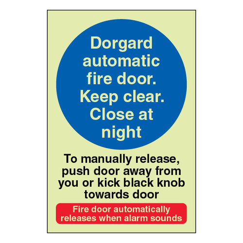 Photoluminescent Dorgard Safety Sign Manual Release Fire