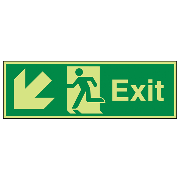 Glow In The Dark Exit Arrow Down Left Safety Sign Pro
