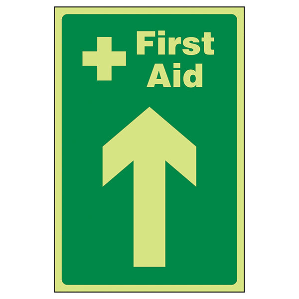 GITD First Aid Arrow Up Glow Safety Sign For Workplaces