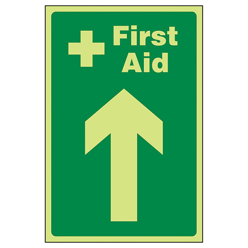 GITD First Aid Arrow Up Glow Safety Sign For Workplaces