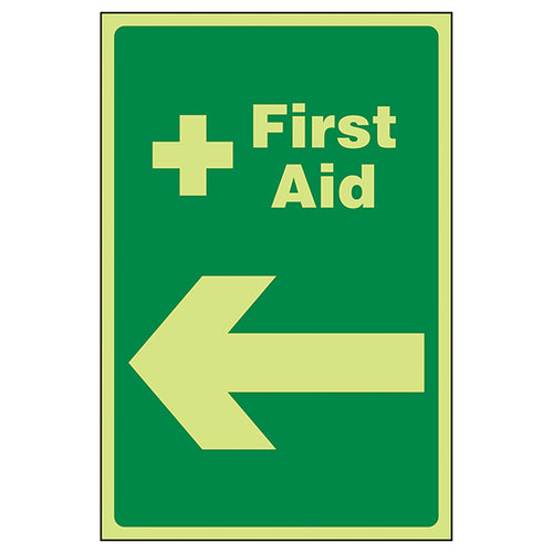 GITD First Aid Arrow Left Glow Safety Sign Workplace