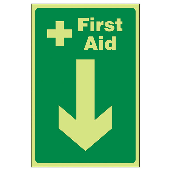 GITD First Aid Arrow Down Safety Sign For Workplace Glow
