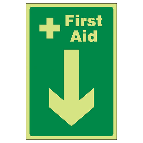 GITD First Aid Arrow Down Safety Sign For Workplace Glow