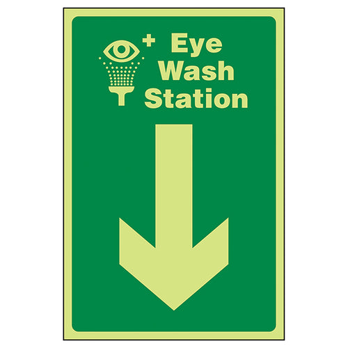GITD Eye Wash Station Safety Sign Arrow Down Visible