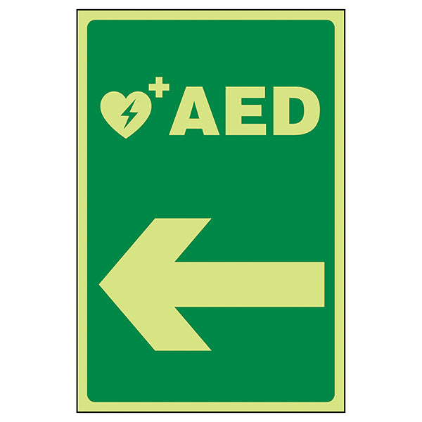 GITD AED Arrow Left Safety Sign Photoluminescent Workplace