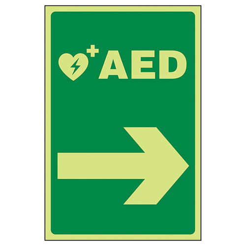 GITD AED Arrow Right Photoluminescent Safety Sign Workplace