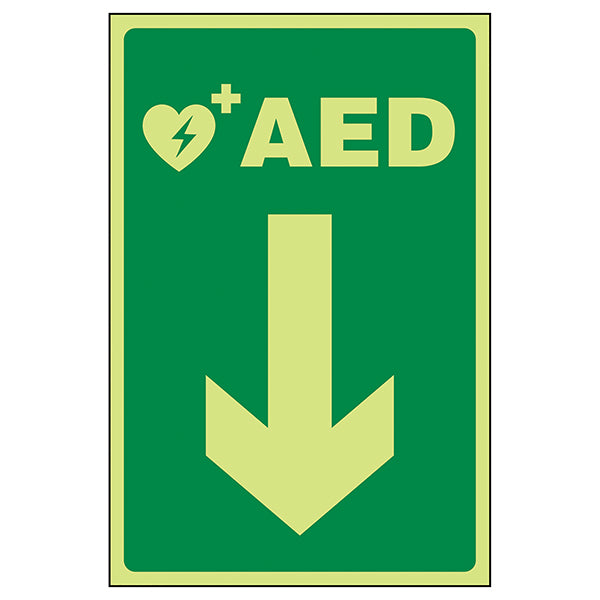 GITD AED Arrow Down Safety Sign Glow For Staff