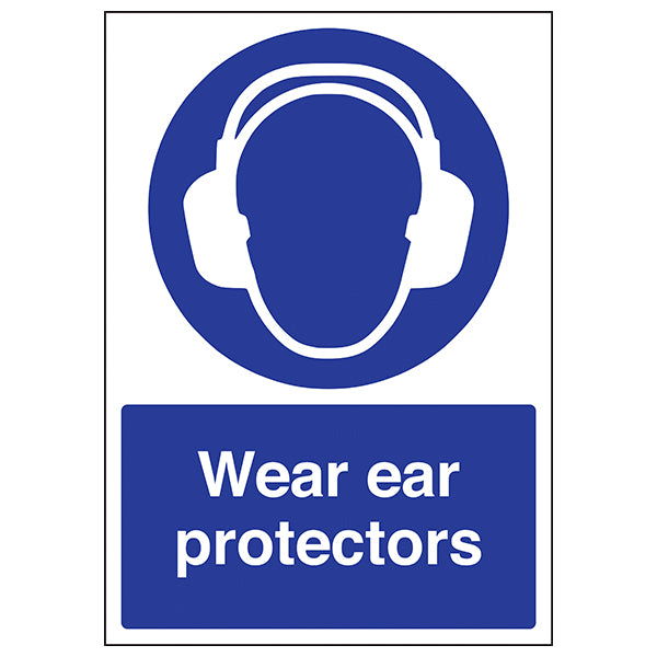 Sign with a symbol of ear protectors and text 'Wear ear protectors' on a white background