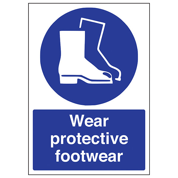 The My Store Wear Protective Footwear - A4 sign is a blue and white PPE notice with a boot icon and text "Wear protective footwear," indicating that safety boots are required. Ideal as a temporary workplace safety display.
