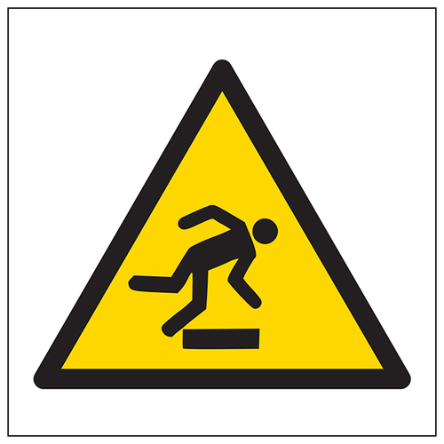 My Store's Warning Trip Hazard Symbol for Workplace Safety (EN ISO 7010) is a yellow triangular sign with a black border and graphic of a person tripping, designed to alert individuals to trip hazards.