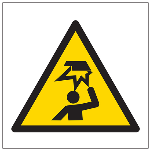 The Mind Your Head Warning Sign For Workplace Safety EN 7010 by My Store is a yellow sign with a black border showing a person struck on the head by a falling object, warning of overhead head injury hazards.