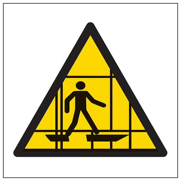 The My Store Warning Scaffolding Symbol For Construction Site Safety is a yellow triangular EN ISO 7010 sign with a black border, showing a stick figure walking on an uneven surface to warn of unstable scaffolding.