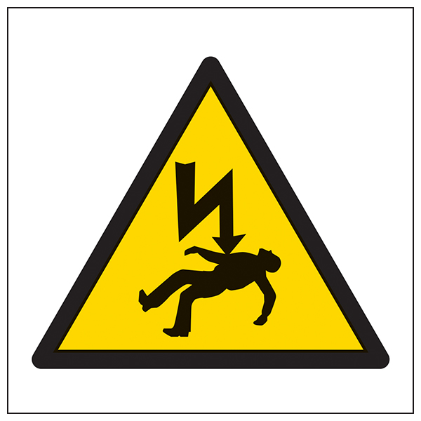 The Risk Of Death Warning Symbol EN ISO 7010 For Worksites by My Store is a yellow triangle with a black border, depicting a person struck by lightning, signaling electric shock or high voltage hazards for workplace safety.