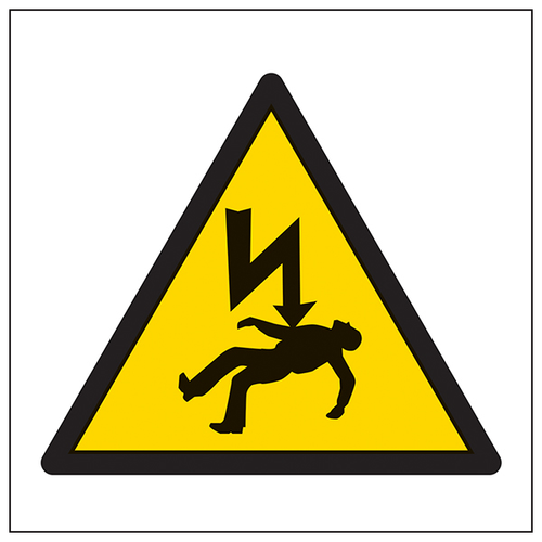 The Risk Of Death Warning Symbol EN ISO 7010 For Worksites by My Store is a yellow triangle with a black border, depicting a person struck by lightning, signaling electric shock or high voltage hazards for workplace safety.