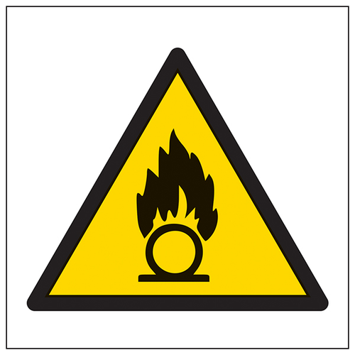 The My Store Warning Oxidising Symbol EN ISO 7010 For Workplace Sign features a yellow background with a black border and the oxidising symbol, alerting to substances that can cause or intensify fires.