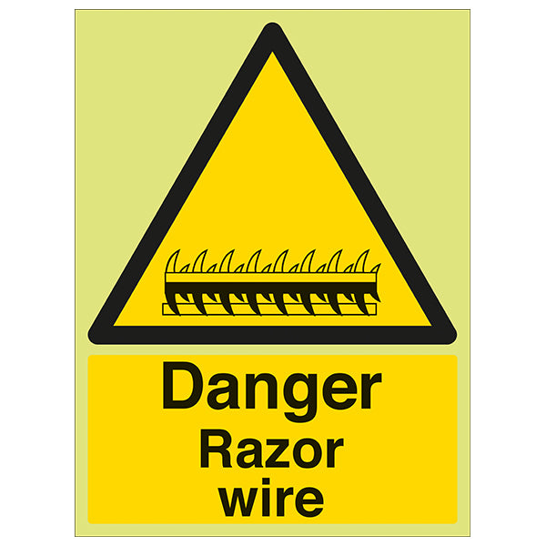 Glow In The Dark Razor Wire Safety Sign For Site Managers