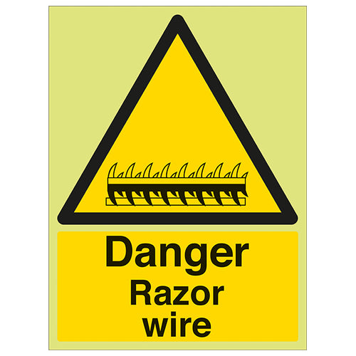 Glow In The Dark Razor Wire Safety Sign For Site Managers