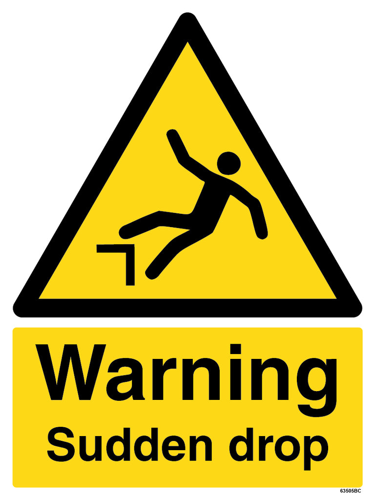 The "Warning Sudden Drop Fall Sign Portrait For Workplace Safety" by My Store is a yellow triangle EN ISO 7010 compliant sign with a falling person icon, ideal for indicating fall hazards in workplaces.